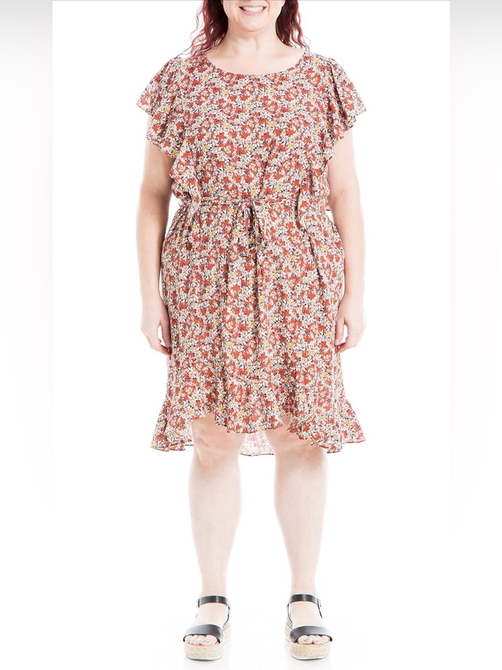 Max Studio Flutter Sleeve Waist Tie Dress (Sz 1X) Chili Tossed Carnation Mix